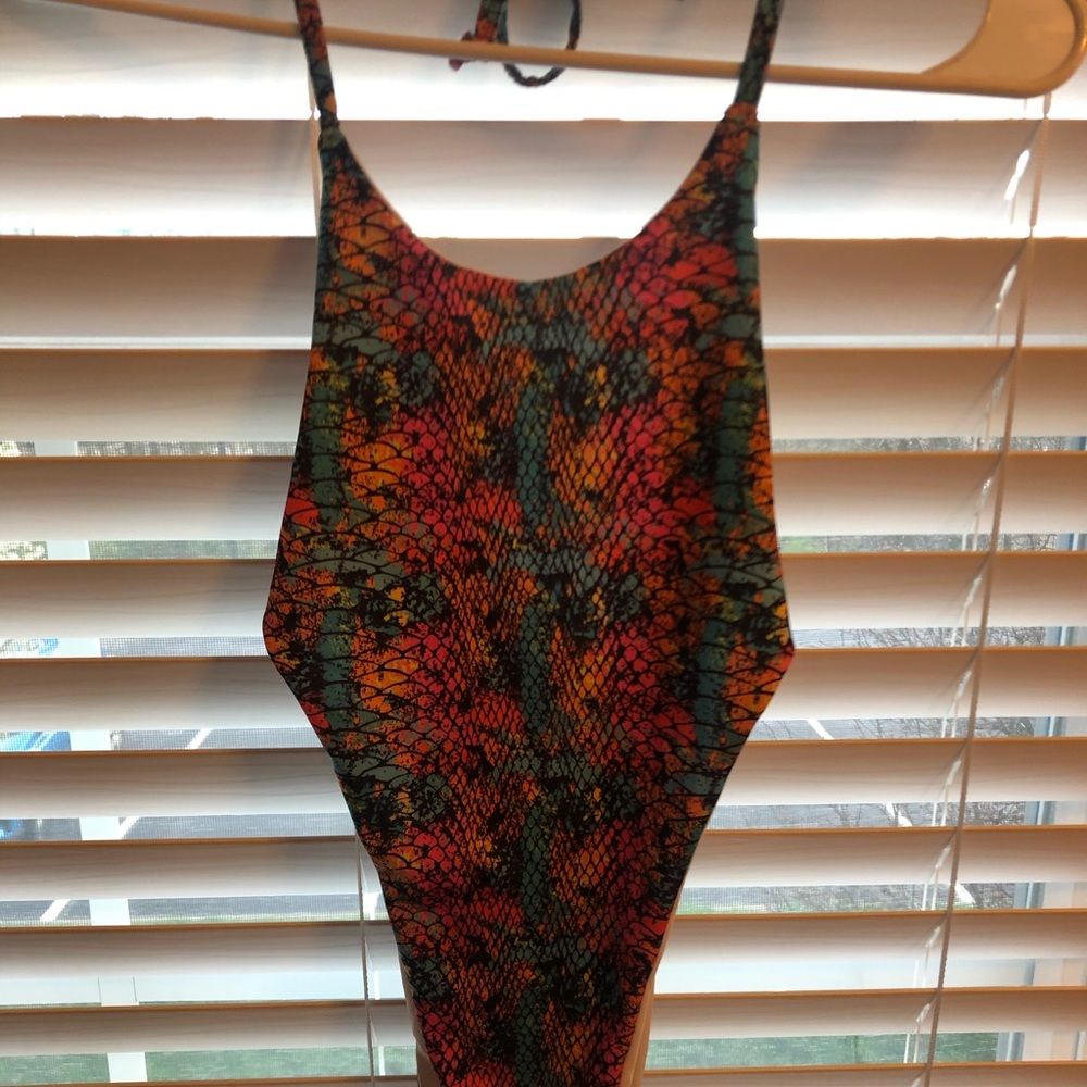 One piece bathing suit, colorful snake skin.